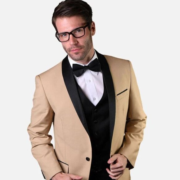 Statement Men's Champagne with Black Lapel Vested 100% Wool Tuxedo - Picture 1 of 2